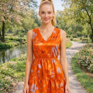 NWT Versona Eclair Orange Floral Dress Sz S Tiered Skirt Sleeveless Silky Lined